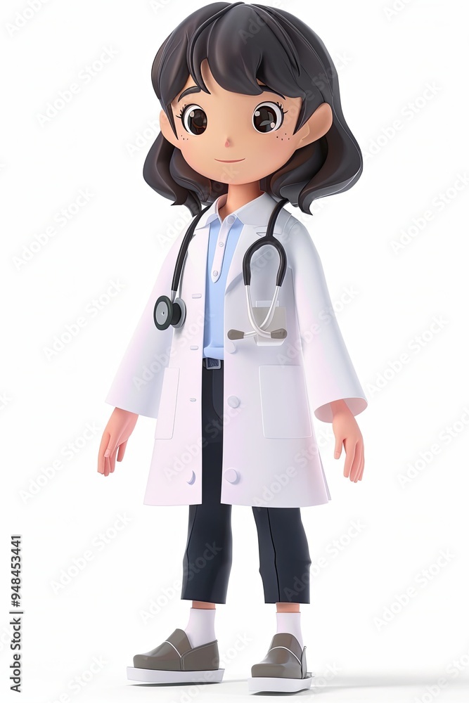 3D cartoon doctor wearing a white coat, stethoscope, and blue shirt. 3D cartoon doctor wearing a white coat, stethoscope, and blue shirt.