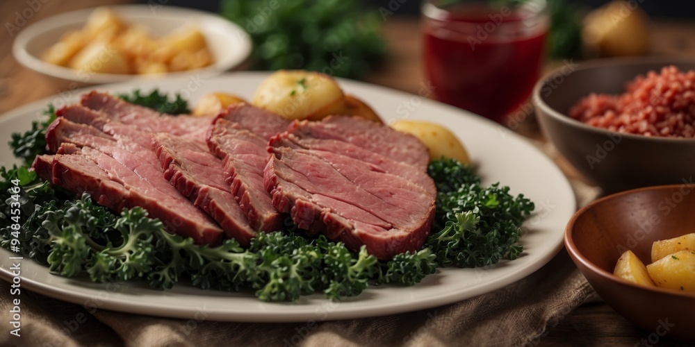 Succulent corned beef dinner with potatoes kale for St Patrick's Day. Succulent corned beef dinner with potatoes kale for St Patrick's Day.