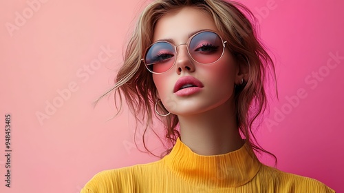 Close-up of a stylish woman wearing round sunglasses and a yellow top, set against a pink gradient background, showcasing modern fashion.