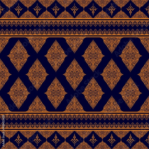 A vintage Thai-patterned textile design featuring intricate ethnic ornaments and geometric floral motifs, ideal for wallpaper or fabric decoration