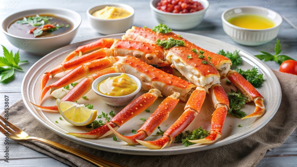 Fresh steamed king crab legs served with melted butter, lemon, and garlic, arranged on a elegant white plate with a decorative table setting. Fresh steamed king crab legs served with melted butter, lemon, and garlic, arranged on a elegant white plate with a decorative table setting.