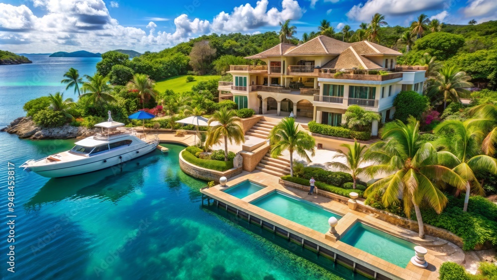 Fototapeta premium Luxurious mansion with sprawling gardens, private yacht dock, and infinity pool overlooking turquoise ocean, epitomizing opulence and extravagance in a tropical paradise setting.