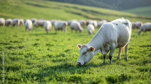 Organic livestock grazing in a lush green pasture, promoting sustainable and humane farming practices photo