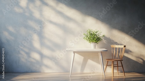 3D Rendering Illustration of a minimalist dining room featuring a white wooden table and chair with a small plant decoration against a cement wall enhanced by soft lighting