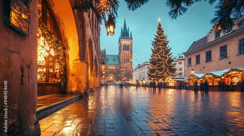 Krakow's historic Main Market Square, with a glowing Christmas tree and the iconic Cloth Hall, both bathed in the warm light of the holiday season.