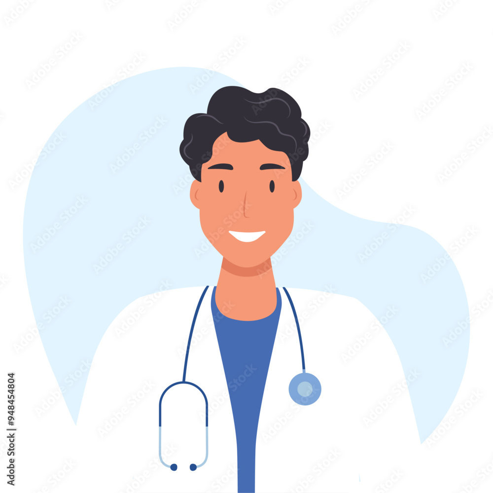 Fototapeta premium Smiling male doctor. Doctor with stethoscope. Concept - doctor, healthcare. Vector illustration in flat cartoon style. Isolated on white background.