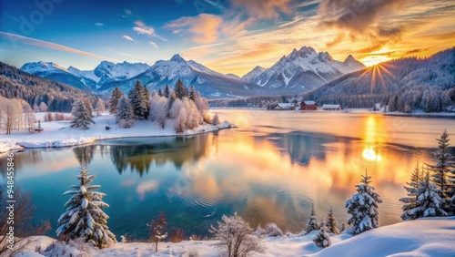 Frozen Lake Faak in Carinthia, Austria, surrounded by snow-capped Austrian Alps, offers a breathtaking winter wonderland panorama at sunset with frosty alpine landscape. photo