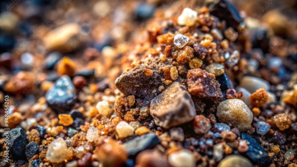 Macro view of rough rock surface with varied particles, including mineral specks, dust, and small pebbles, against a dark, muted background, exhibiting natural textures. Macro view of rough rock surface with varied particles, including mineral specks, dust, and small pebbles, against a dark, muted background, exhibiting natural textures.