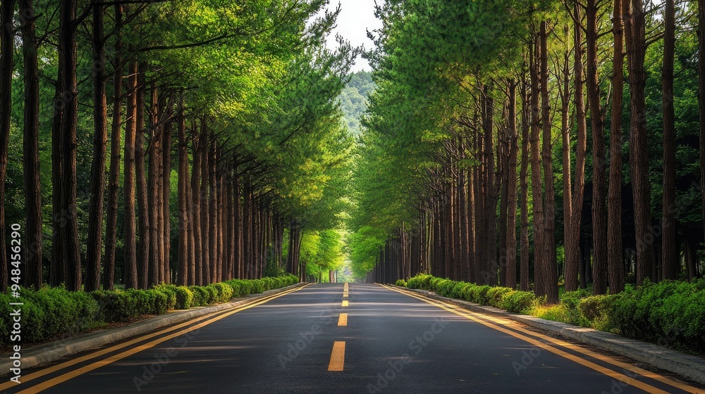 Naklejka premium Leafy Retreat: The serene and beautiful metasequoia-lined road in Damyang, Korea, where the lush canopy provides a peaceful retreat.