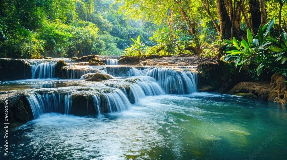 Naklejka premium Lush Tranquility: The tranquil pools and cascading waterfalls of Kuang Si, enveloped in lush vegetation in Luang Prabang Province, Laos.