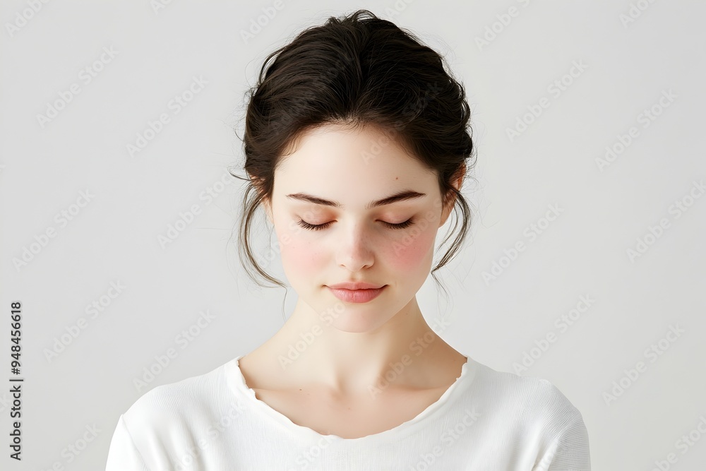 Shy and Blushing Young Woman with a Gentle Smile Looking Down against a Soft White Background Captured in a 3D Rendering Style Shy and Blushing Young Woman with a Gentle Smile Looking Down against a Soft White Background Captured in a 3D Rendering Style