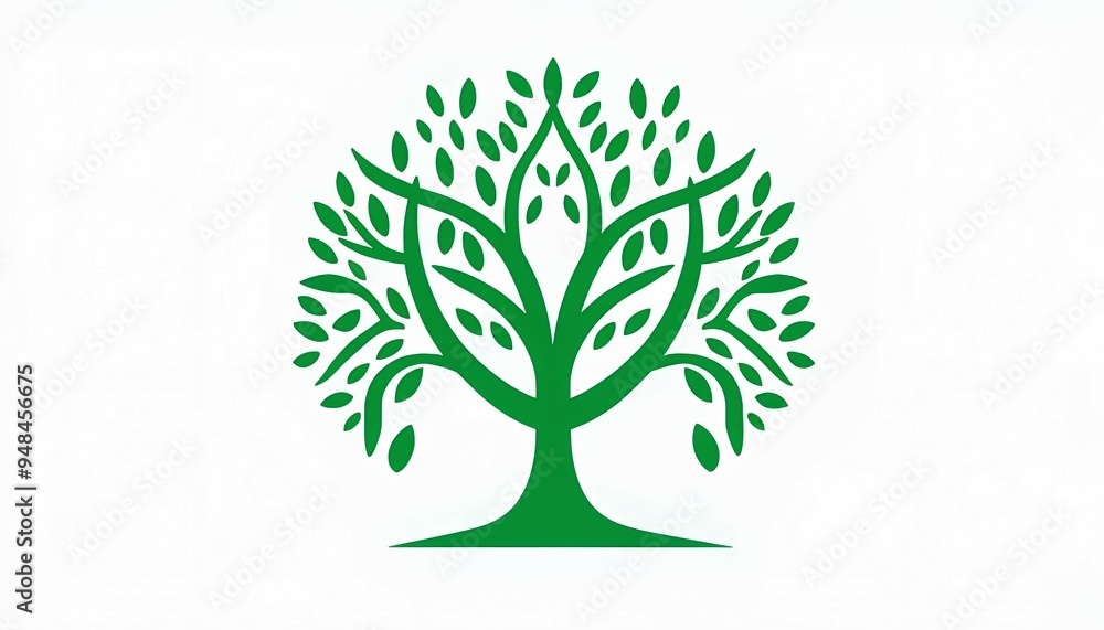 Stylized minimalist tree with a symmetrical canopy and intricate branches with full, leafy appearance with numerous leaves, in the overall green color scheme against white background, icon image Stylized minimalist tree with a symmetrical canopy and intricate branches with full, leafy appearance with numerous leaves, in the overall green color scheme against white background, icon image