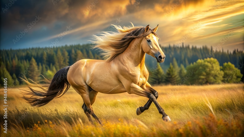 Majestic buckskin horse gallops freely through a sun-drenched meadow, its gleaming golden coat and flowing mane capturing the essence of wild, unbridled beauty. Majestic buckskin horse gallops freely through a sun-drenched meadow, its gleaming golden coat and flowing mane capturing the essence of wild, unbridled beauty.