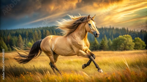 Wallpaper Mural Majestic buckskin horse gallops freely through a sun-drenched meadow, its gleaming golden coat and flowing mane capturing the essence of wild, unbridled beauty. Torontodigital.ca