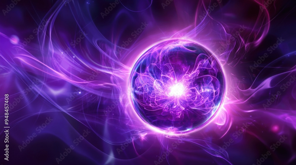Obraz premium Vibrant abstract background in purple featuring a central glowing sphere resembling an energetic ball composed of dynamic waves rays and plasma effects