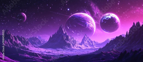 Fototapeta Naklejka Na Ścianę i Meble -  3D cartoon depiction of a purple space landscape featuring large planets in a starry sky complemented by meteors and mountains An alien world showcasing nature with a massive planet on the horizon