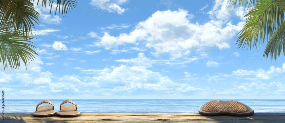 Obraz premium An idyllic tropical beach with sunbathing accessories, a background for your summer holiday