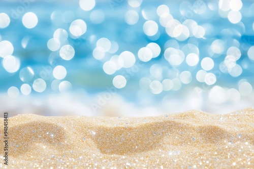 Seascape abstract beach background. Blurring bokeh light of calm sea and sky. Foreground sand is the focus.