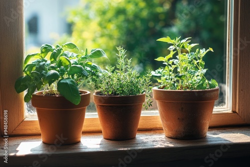 Herb plants in terracotta pots on a sunny windowsill, showcasing lush green leaves and a vibrant atmosphere.