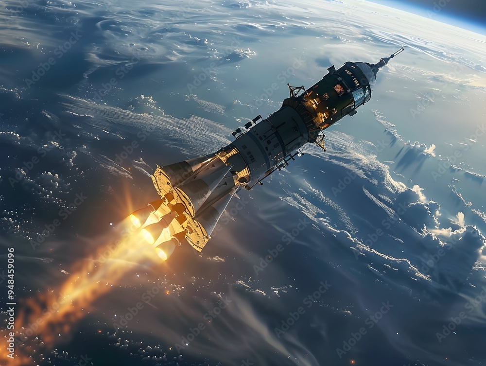 Fototapeta premium Rocket launching into the atmosphere with fiery exhaust amid swirling clouds and a view of Earth below at dusk