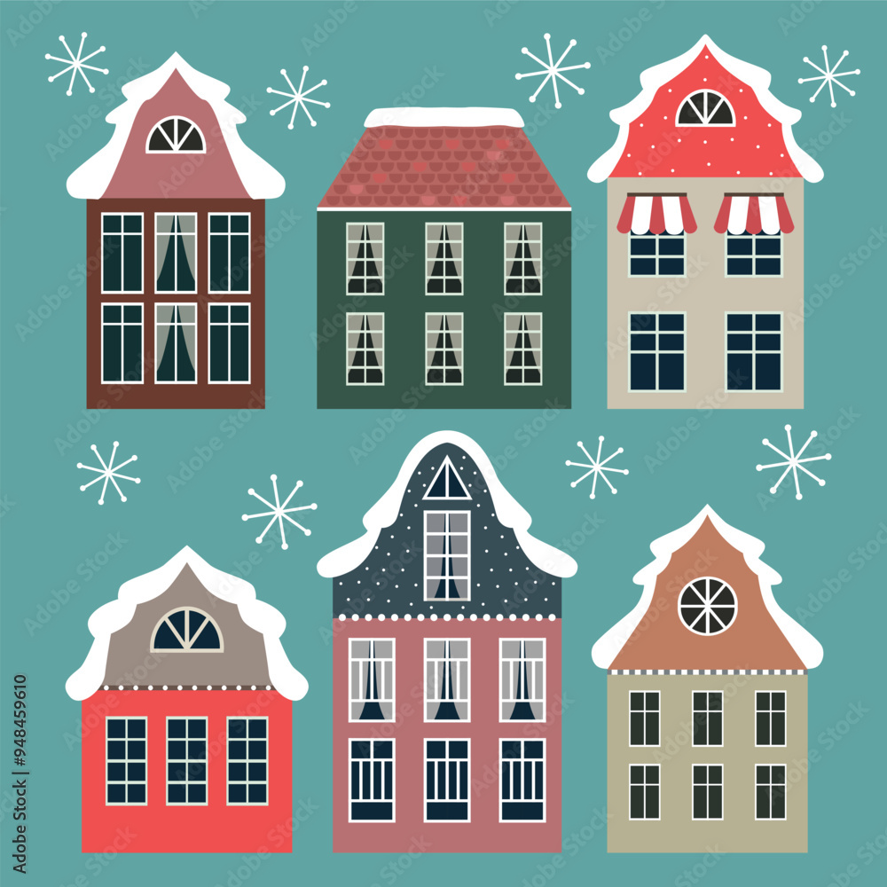 Set of retro old houses with snowflakes on blue background. Set of retro old houses with snowflakes on blue background.