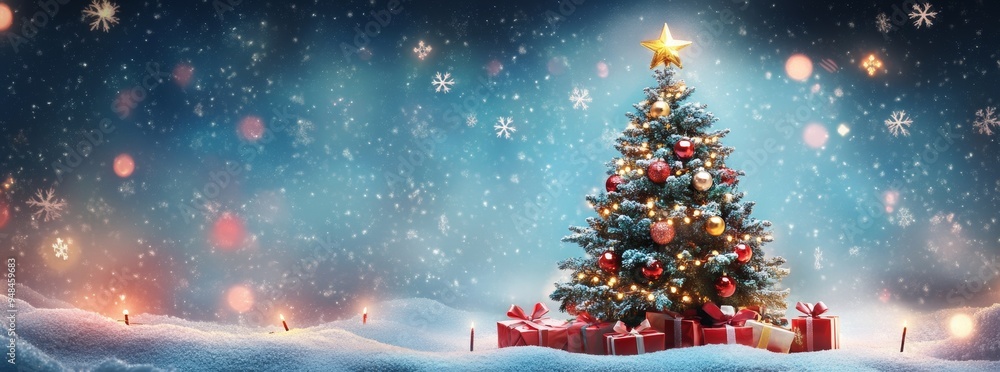 The festive background of a christmas tree decorated with red balls and knitted toys in a forest in snowdrifts in a snowfall outdoors is a snowy background. The banner format has copy space. The festive background of a christmas tree decorated with red balls and knitted toys in a forest in snowdrifts in a snowfall outdoors is a snowy background. The banner format has copy space.