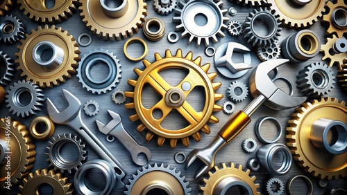 Wallpaper Mural Gears, wrench, and cogwheel icons surrounded by maintenance tools, symbolizing industrial equipment upkeep and efficient factory production, with a metallic color scheme and clean design. Torontodigital.ca