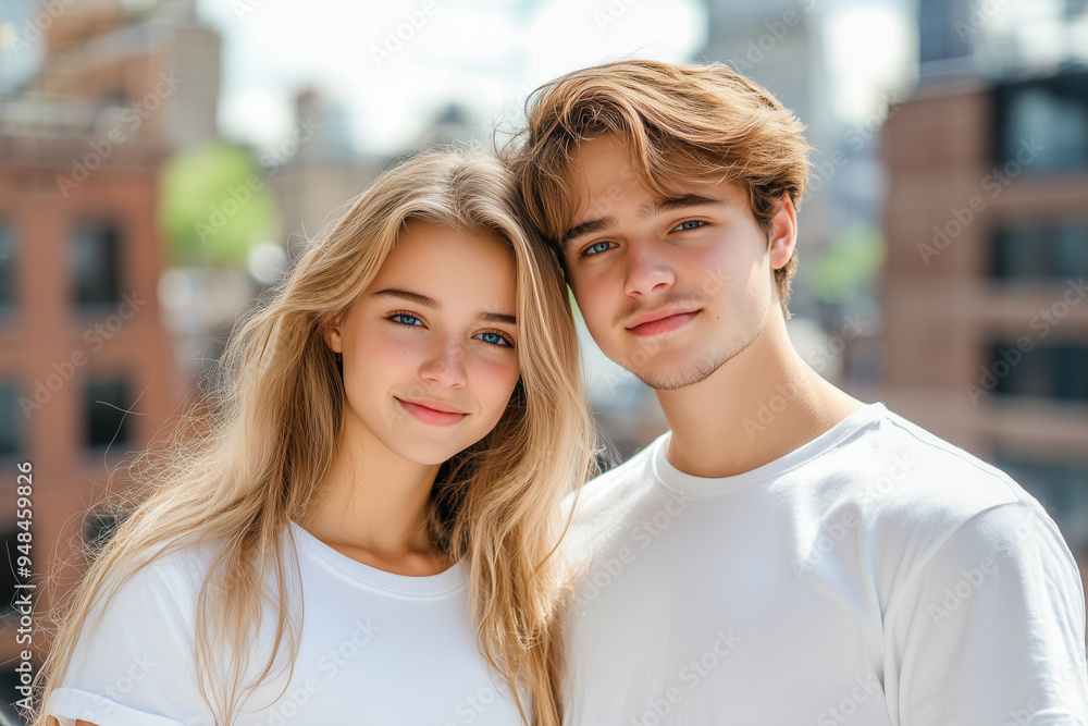 A beautiful young woman with long blonde hair and blue eyes, wearing a white t-shirt, poses next to her boyfriend who has short brown hair in the city in illustrator style A beautiful young woman with long blonde hair and blue eyes, wearing a white t-shirt, poses next to her boyfriend who has short brown hair in the city in illustrator style