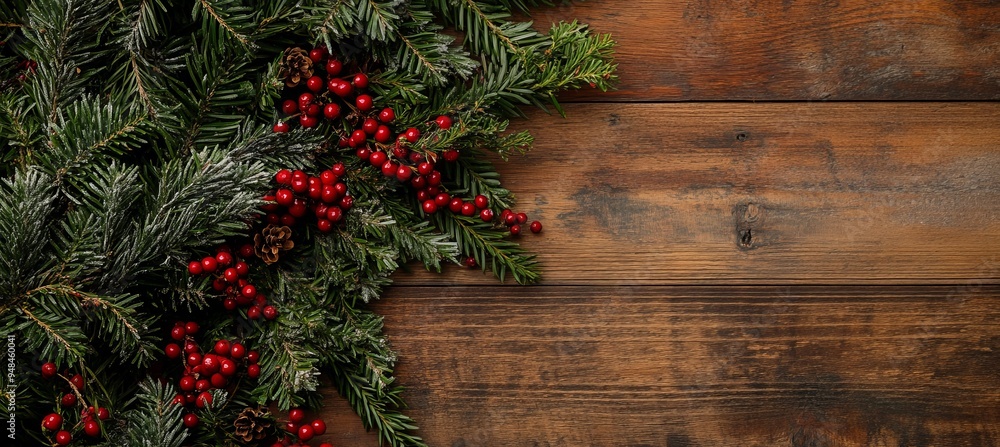 The Christmas Holiday Evergreen Pine Branches and Red Berries with a Wood Background, with a Copy Space The Christmas Holiday Evergreen Pine Branches and Red Berries with a Wood Background, with a Copy Space