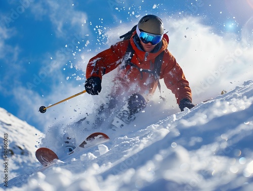 Skier descending a snowy mountain slope on a bright winter day, creating a spray of snow in the air during a thrilling descent photo