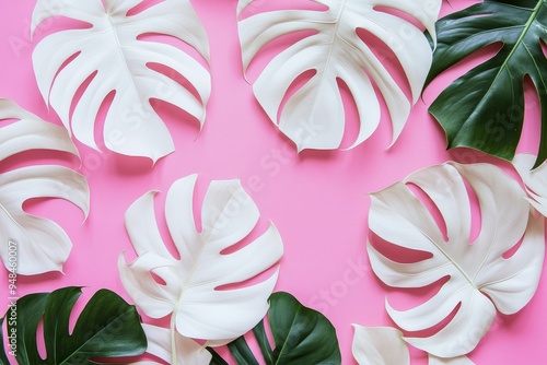 Coastal palm leaf on pink background. Flat lay, top view
