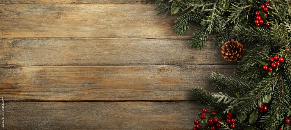 A festive evergreen pine branch and red berries over a wood background, with copy space A festive evergreen pine branch and red berries over a wood background, with copy space