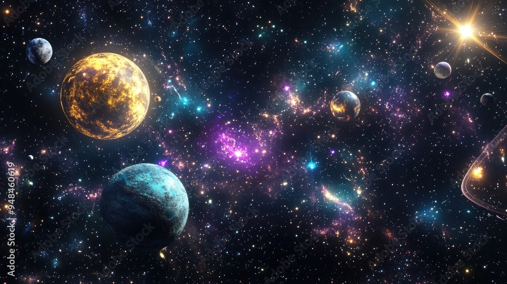 2D illustration featuring a 3D cartoon rendering A realistic star pattern set in deep interstellar space showcasing stars planets and moons Various imaginative science fiction backdrops are depict 2D illustration featuring a 3D cartoon rendering A realistic star pattern set in deep interstellar space showcasing stars planets and moons Various imaginative science fiction backdrops are depict