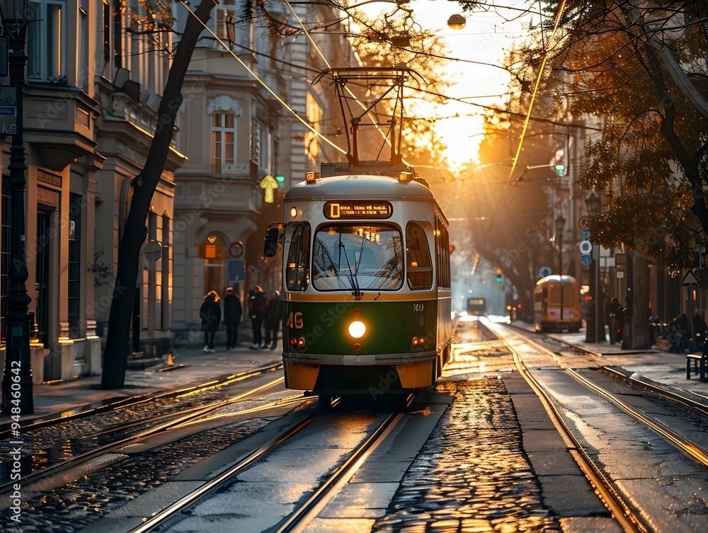 Obraz premium Tram traveling through city streets at sunset with warm light illuminating historic buildings in the evening glow