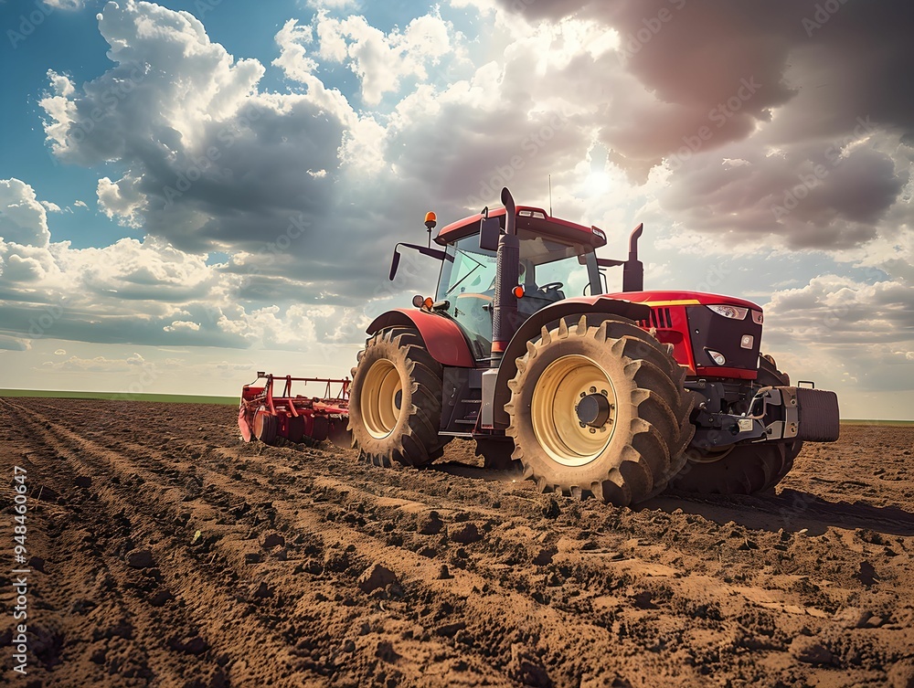Fototapeta premium A red tractor plowing an expansive field under a dramatic cloudy sky during late afternoon