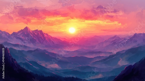 Digital artwork of a sunset over mountain landscapes in a 2D illustration style