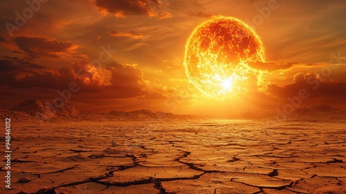 Scorching Heatwave: Blazing Sun Over Cracked Earth Landscape photo