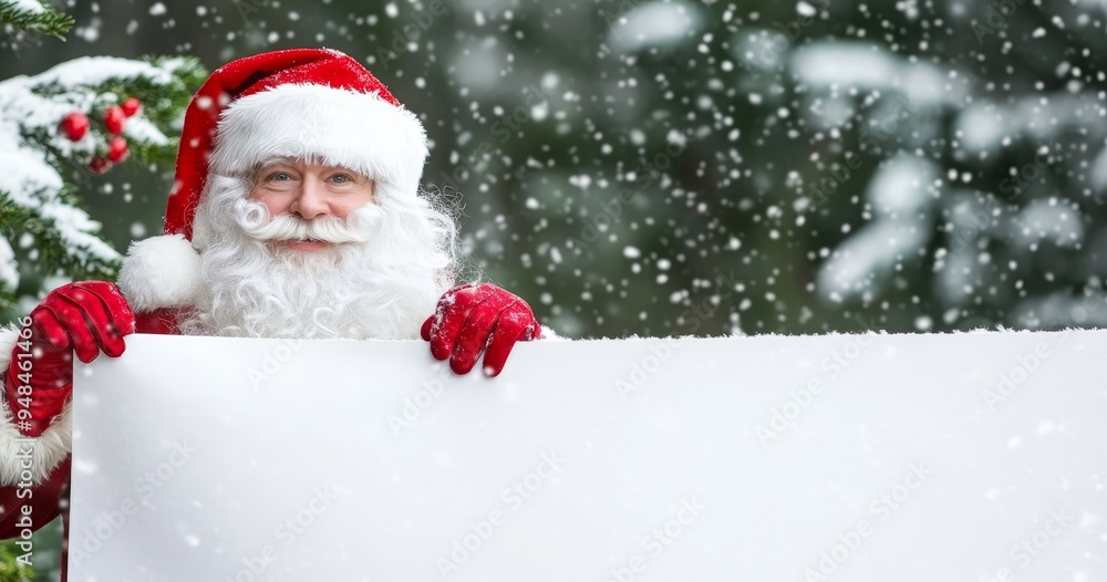 A smiling Santa Claus points at a blank advertisement banner background with a copy space A smiling Santa Claus points at a blank advertisement banner background with a copy space