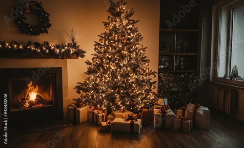 Interior Christmas with magic glowing trees, fireplaces, and gifts in the dark photo