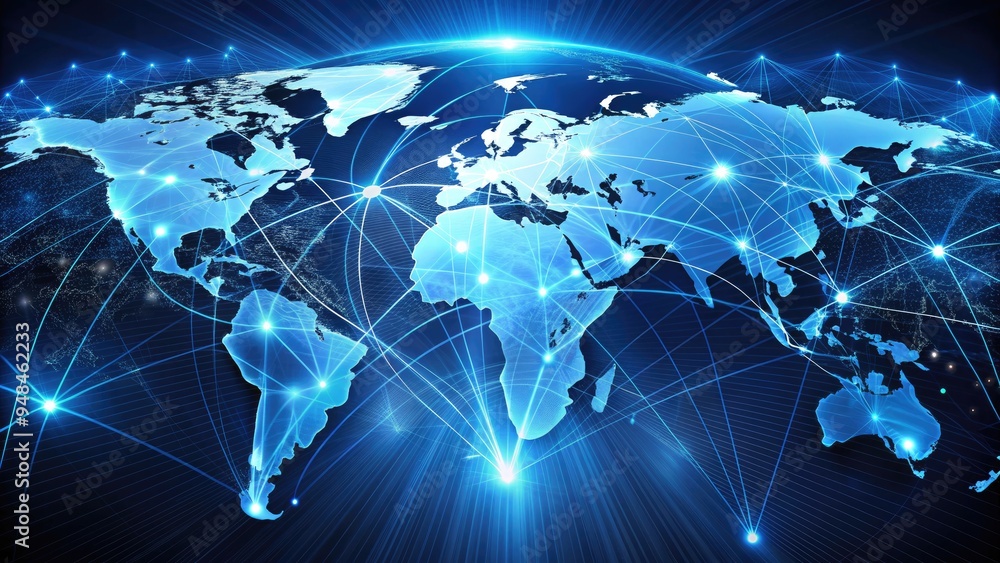 Global network of interconnected digital lines and nodes forming a futuristic world map, highlighting technological advancements and data exchange across the globe. Global network of interconnected digital lines and nodes forming a futuristic world map, highlighting technological advancements and data exchange across the globe.