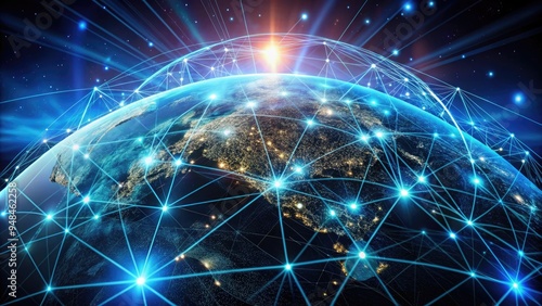 Global network of interconnected lines, circuits, and nodes forming a futuristic virtual framework, representing digital communication and data exchange in cyberspace.