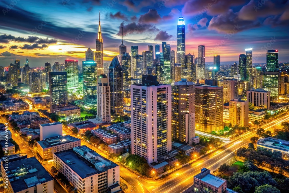 Fototapeta premium Glowing Metropolis Night Lights Urban Cowboy Skyline Downtown City Life Cityscape Photography Urban Landscape Concept