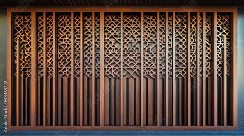 Beautiful luxury-style wood fences with unique patterns, set against a futuristic background, blending traditional and futuristic elements