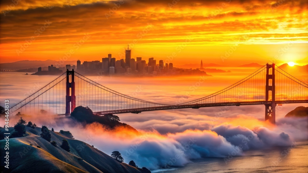 Fototapeta premium Golden Gate Bridge towers and San Francisco skyline silhouetted against a vibrant orange sunset, with Alcatraz Island and fog rolling in over the Pacific Ocean.
