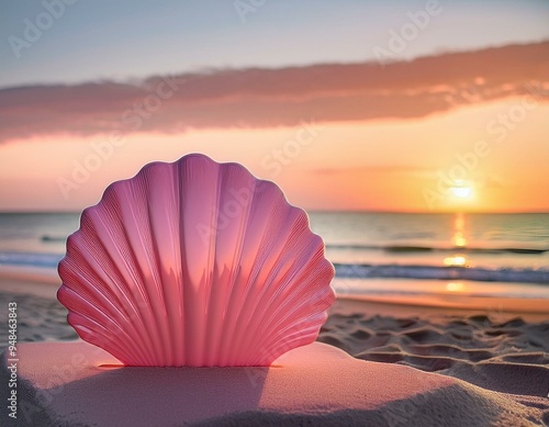 A pink seashell-shaped podium on a beach showcases sunscreen at sunset.