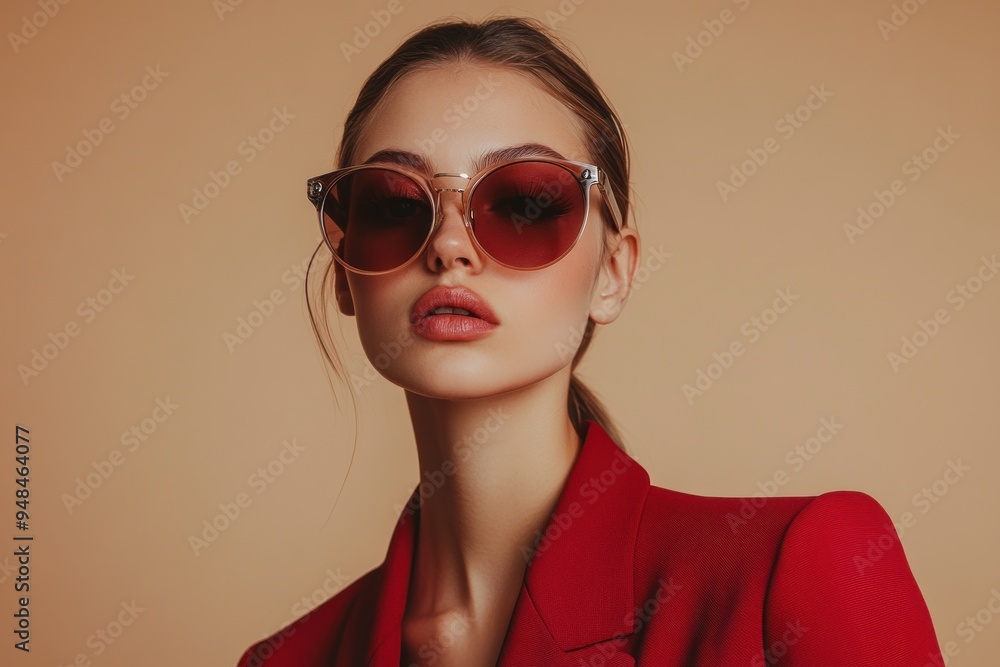 A model wearing a high-quality pair of sunglasses in a modern studio, showcasing the sunglasses' stylish design and luxury. A model wearing a high-quality pair of sunglasses in a modern studio, showcasing the sunglasses' stylish design and luxury.