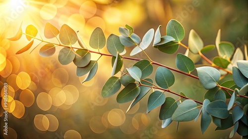 Golden light illuminates a lush eucalyptus branch, its silvery-green leaves and sturdy stem glistening against a soft, creamy background with warm, sun-kissed tones.