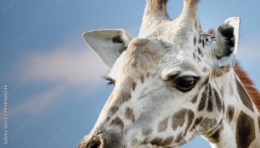 Close-up of a giraffe's face, focusing on its expressive eyes and detailed fur, set against a clear blue sky. Close-up of a giraffe's face, focusing on its expressive eyes and detailed fur, set against a clear blue sky.
