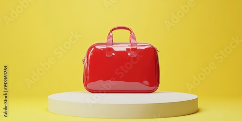 Red plastic travel bag displayed on a round white podium with a solid yellow backdrop 3D illustration photo