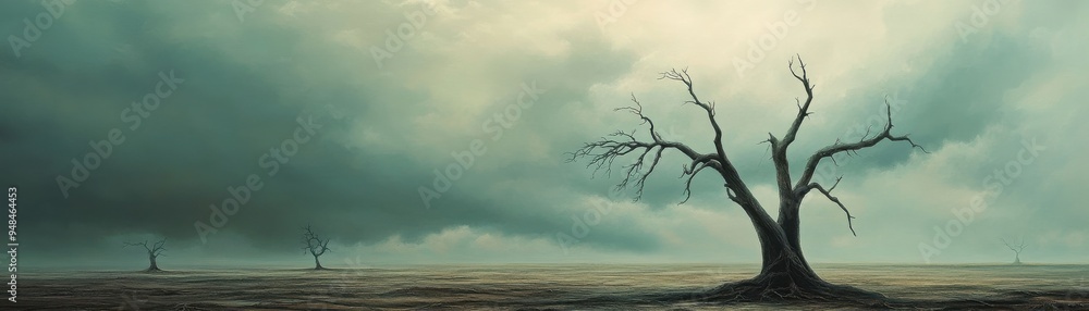 A haunting landscape with barren trees under dramatic clouds, capturing the essence of desolation and solitude in nature. A haunting landscape with barren trees under dramatic clouds, capturing the essence of desolation and solitude in nature.